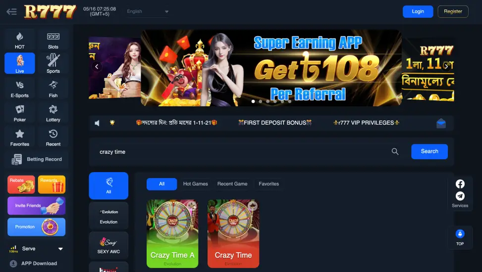 Crazy Time games in the catalog of casino R777